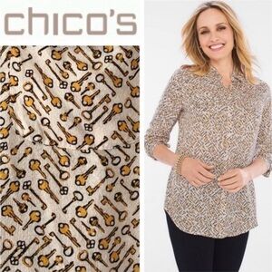 Chico's Women's Button Down Key Print Pattern Long Sleeve Blouse. Size 3 (16-18)